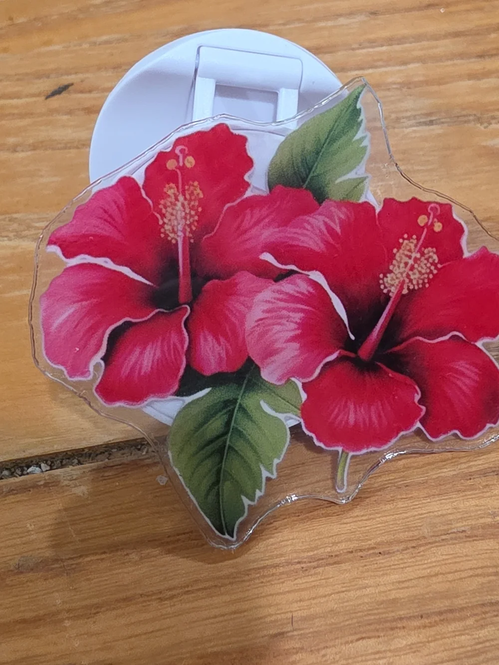 Red Hibiscus Acrylic Clip with Green Leaves